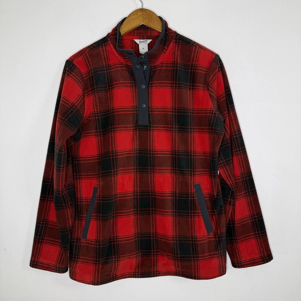 Duluth Trading Jacket Womens Medium Red Plaid Fleece Snap Mock Neck Pullover